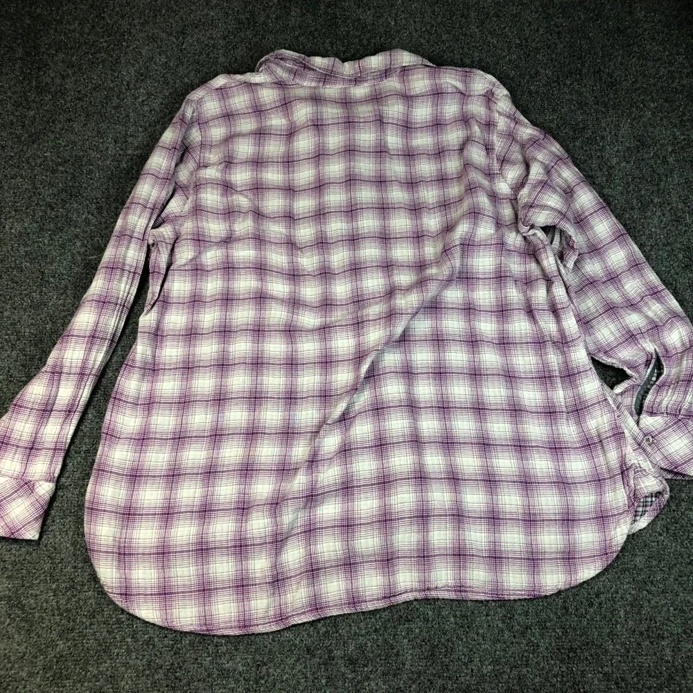 Lee Riders Womens 2X Plus Purple White Plaid Button Up Long Sleeve Shirt Ruffled - Picture 8 of 9